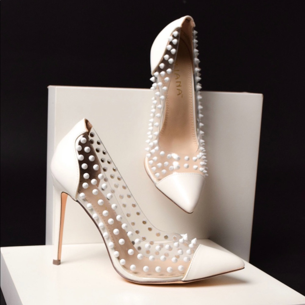 Shaylah White Studded Pointed Toe Heels